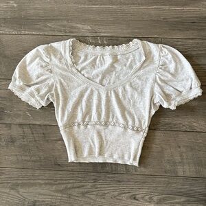 Aerie Gray Lace Trim Puff Sleeve Top
